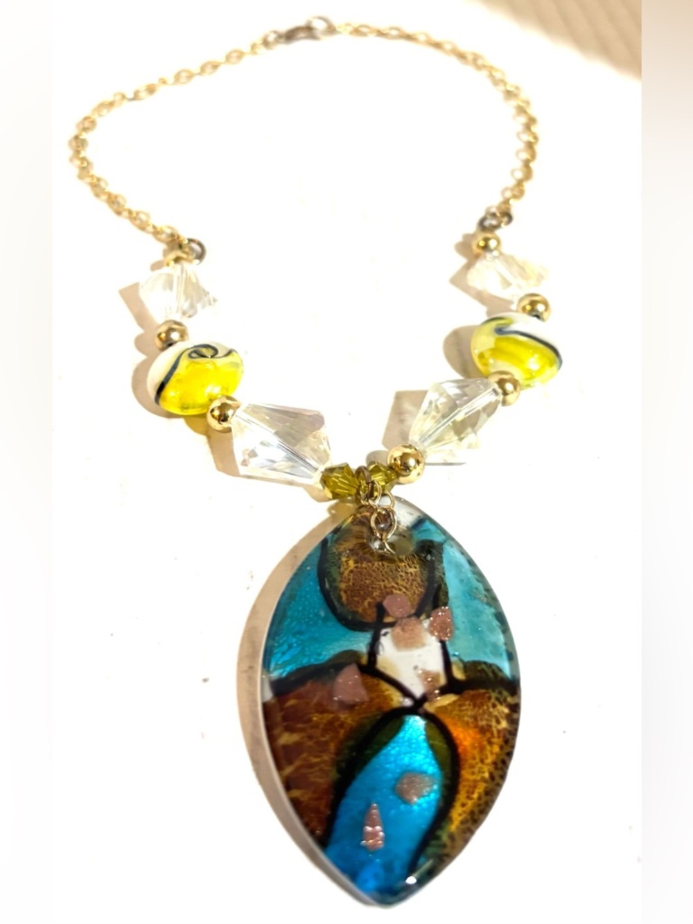 Handmade Blue & Yellow Glass Pendant Necklace - Women Jewelry - Picture 2 of 2